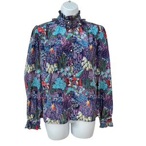Malbe 4 Small Vintage Union made blouse Birds Floral Purple blue Ruffle top